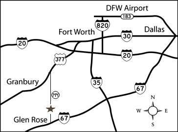 Map showing the park on Highway 144 between Granbury and Glen Rose, southwest of Fort Worth